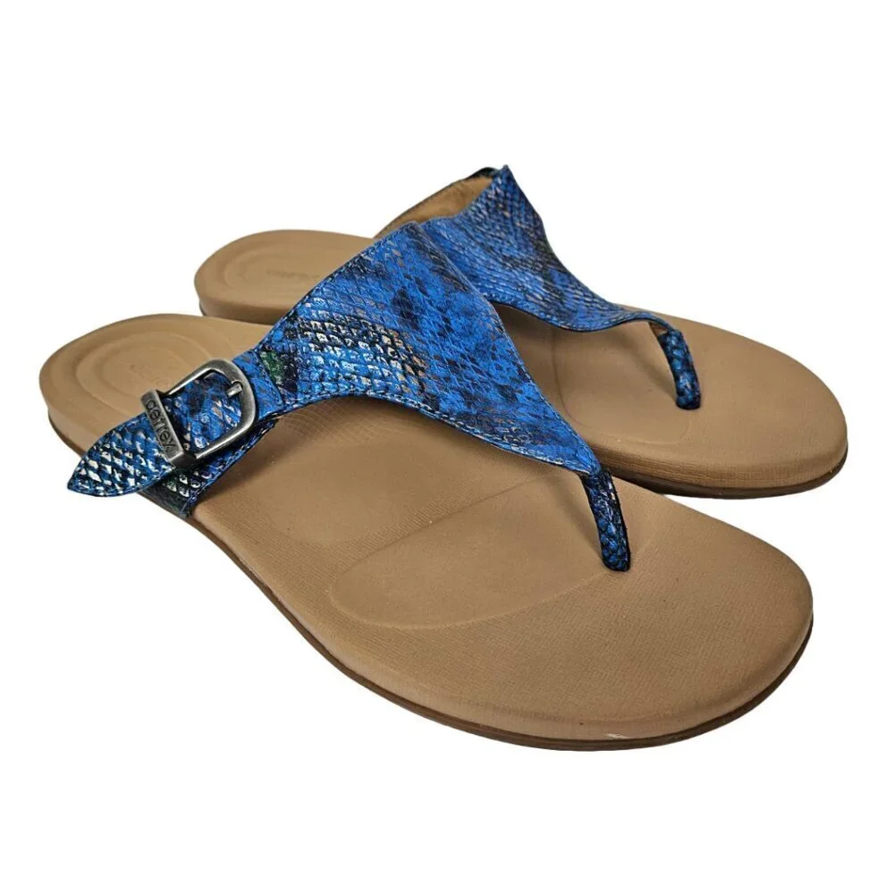 Aetrex Rita Blue Snake Embossed Faux Leather Band Comfort Flip Flop US 7.5-8.0